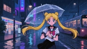 像素风雨中撑伞美少女