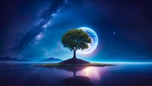 夜晚圆月湖中树