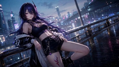 赛博雨夜都市紫发美少女