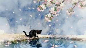 樱花池边黑猫