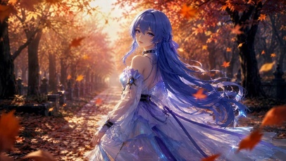秋林蓝发少女