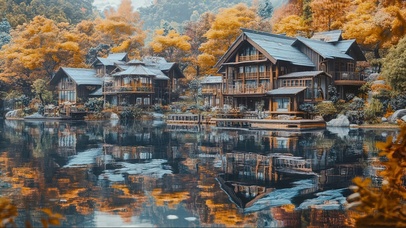 秋日山林湖畔古城建筑