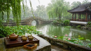 园林荷塘雨景