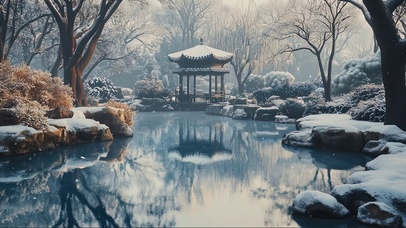 飘雪冬日静谧古亭池塘