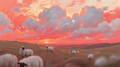 油画-夕阳下的羊群
