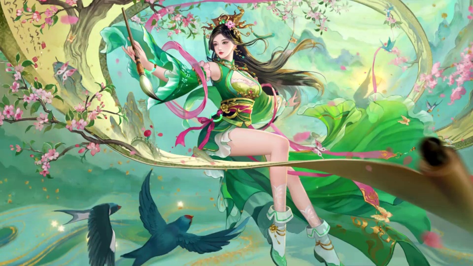 持毛笔的青绿古风女子，身处青绿山水与桃花环绕的国风场景中。