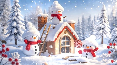 雪景房屋可爱小雪人