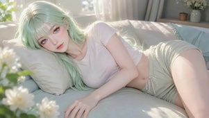 清新浅绿发居家美少女