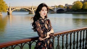 在异国的穿绣花黑纱裙的美女2
