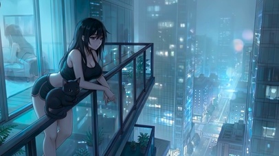 夜晚阳台猫咪少女