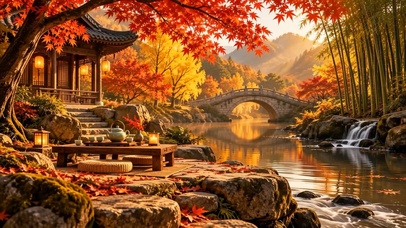 秋天彩林河流