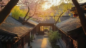俯瞰黄昏静谧古风建筑