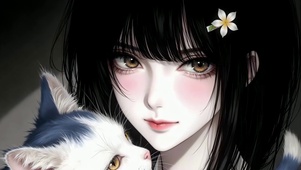 治愈黑白少女与猫