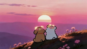 山坡线条狗一起看晚霞