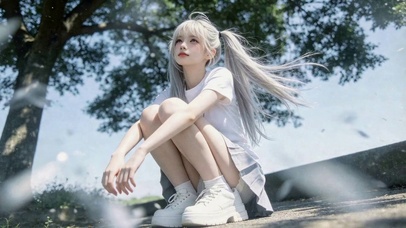 树下清新银发双马尾美少女