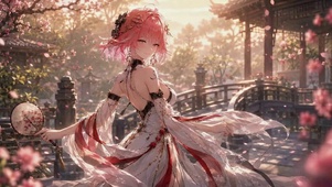 樱花庭院粉发古风美少女