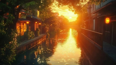 落日余晖河岸小镇傍晚