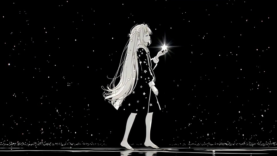 黑底散落星光的环境中，赤脚侧立少女手托发光五角星