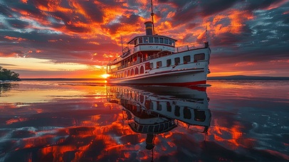 梦幻晚霞纯净湖面邮轮