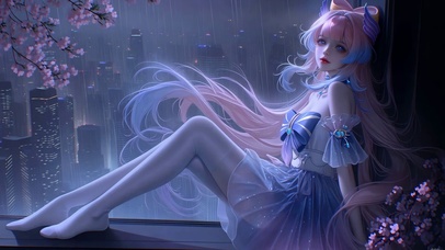 雨夜窗边蓝裙粉发美少女