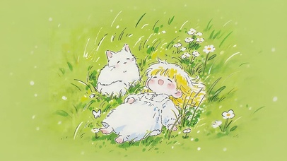 草地上女孩和猫咪