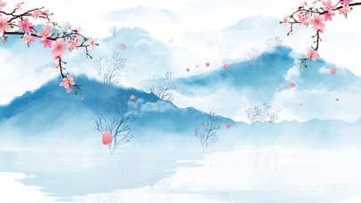 远山水墨画古风桃花河流唯美