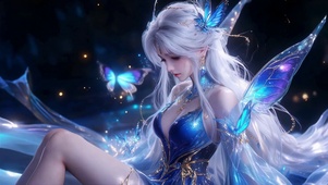 幽蓝蝴蝶白发精灵少女