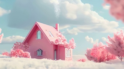 简约房屋樱花树木