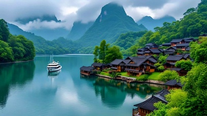 绿色古镇山水