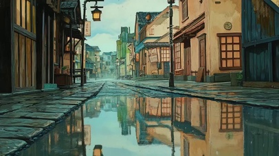 水中古城建筑街道倒影