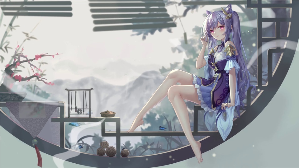 紫发少女端坐中式圆窗，身后是朦胧水墨远山与红梅竹影