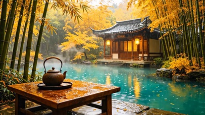 国风竹林木屋雨景