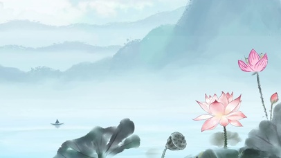 中国风水墨山水蓝色荷花