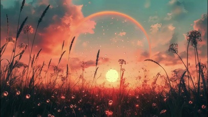 黄昏草坪花海唯美风景