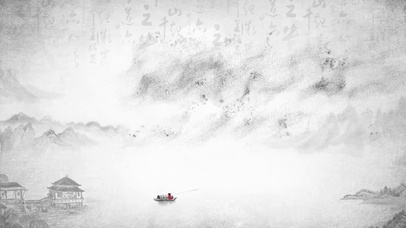 水墨山水孤舟楼阁意境国风画