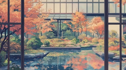 秋日唯美古风庭院池塘