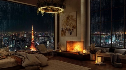 温馨都市雨夜卧室