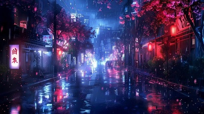 雨天樱花树木街道