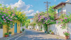 治愈花开小镇晴日风光