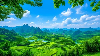 护眼绿色梯田山水