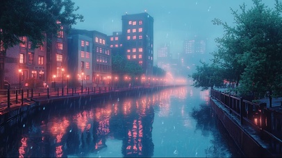 阴天雨中城市河岸建筑