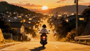 治愈日系卡通女孩骑摩托夕阳回家