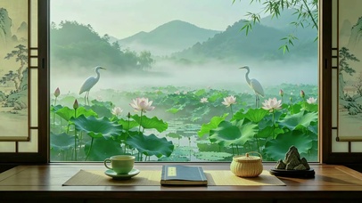 新中式窗景I一池清荷伴白鹭