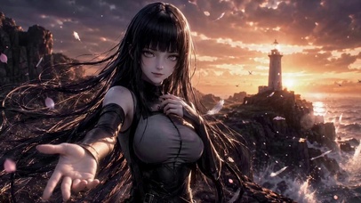 夕阳海边二次元黑发美少女