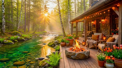 阳光林间溪边木屋