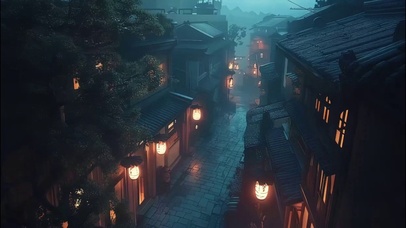 傍晚古风小镇街道建筑