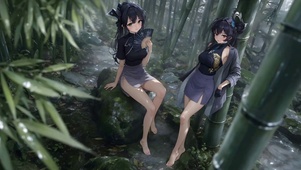 竹林溪涧古风双美少女