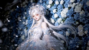 蓝白花海里的银发古风美少女