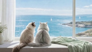 海景窗边两只小猫