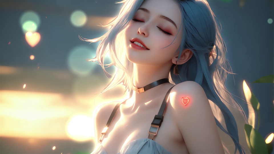 蓝发女性闭着双眼仰头浅笑，发丝被逆光打亮，左肩有红色发光爱心。